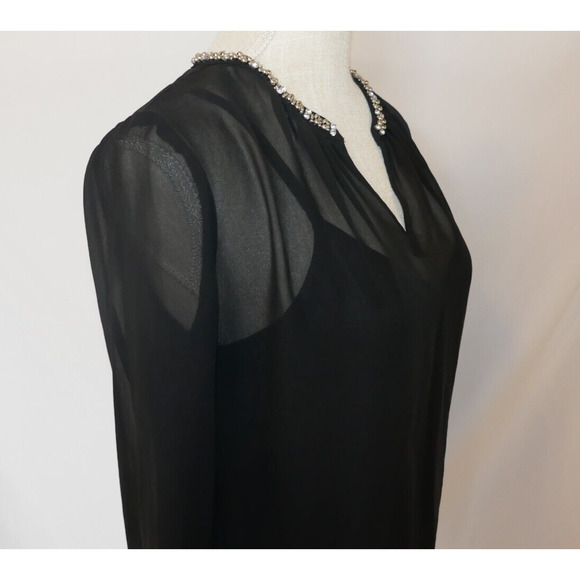 Liz Claiborne 3/4-Sleeve Embellished V- Neck Black Sheer Blouse and slip Size S - Picture 7 of 16
